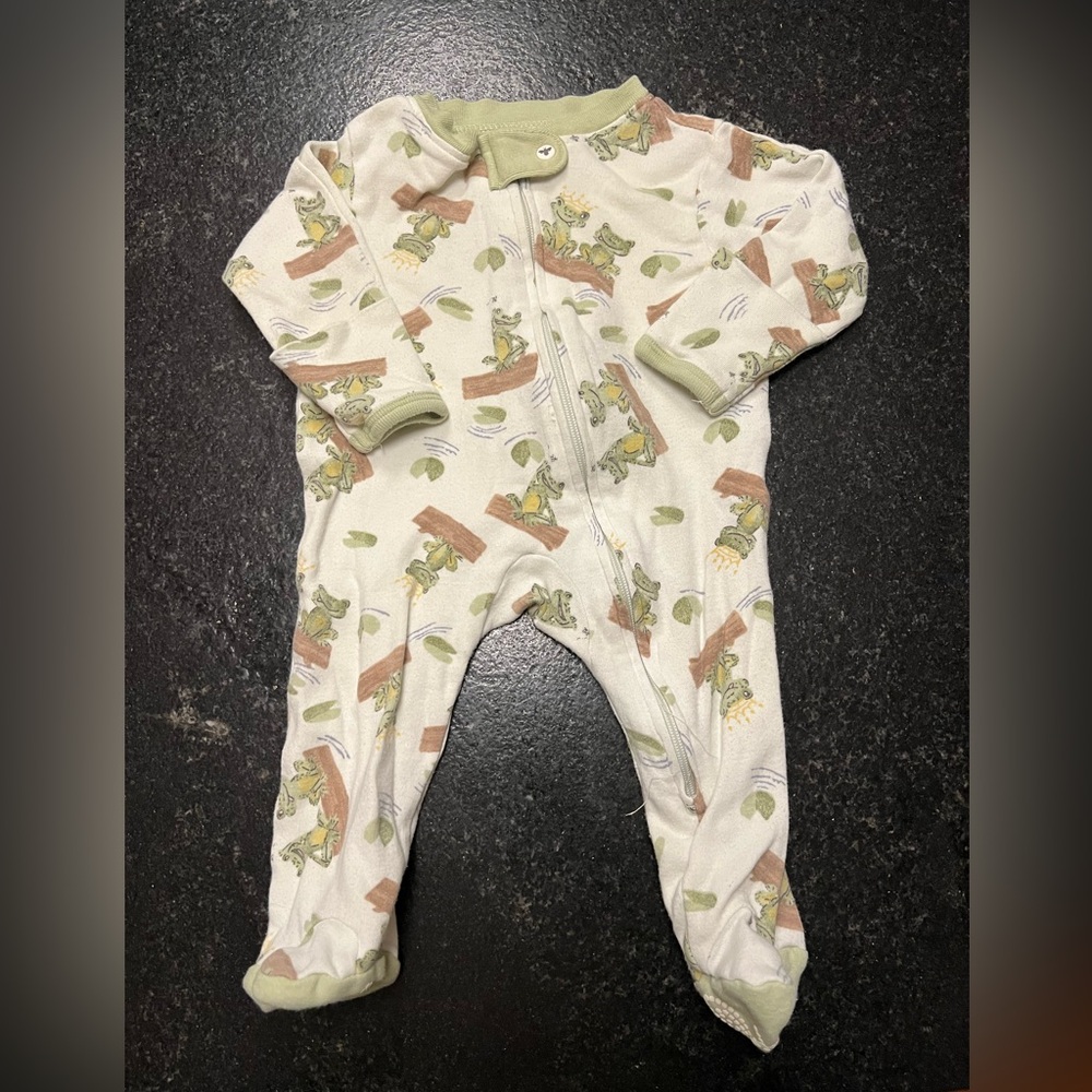 Burt's Bees Cream Footed One-Piece with Green Trim and Brown/Green Animal Print